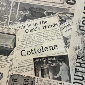 K&ouml;nnte beinhalten: Eine Collage aus alten Zeitungsanzeigen in Schwarzwei&szlig;. Zu den Schlagzeilen geh&ouml;ren "Health is in the Cook's Hands" und "Barler's Ideal Oil Heater". Die Anzeigen zeigen Illustrationen und Text zur Werbung f&uuml;r verschiedene Produkte.