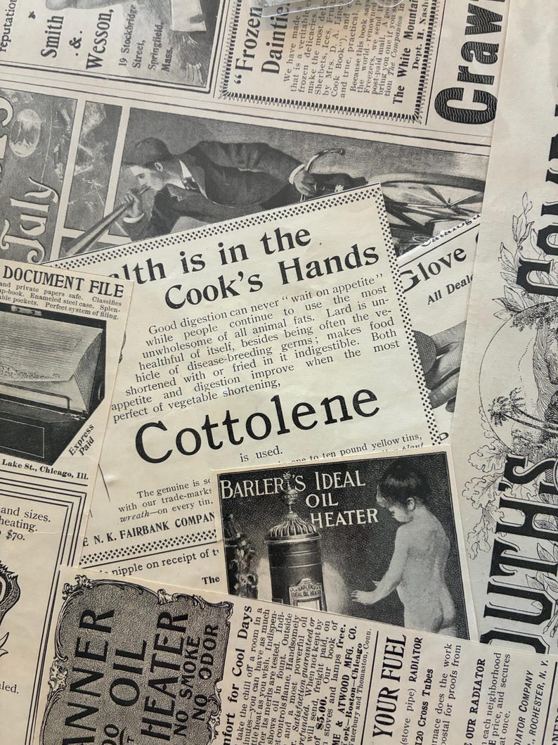 K&ouml;nnte beinhalten: Eine Collage aus alten Zeitungsanzeigen in Schwarzwei&szlig;. Zu den Schlagzeilen geh&ouml;ren "Health is in the Cook's Hands" und "Barler's Ideal Oil Heater". Die Anzeigen zeigen Illustrationen und Text zur Werbung f&uuml;r verschiedene Produkte.