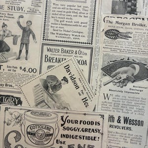 K&ouml;nnte beinhalten: Collage aus Vintage-Zeitungsartikeln mit Werbung f&uuml;r Uhren, Kakao und Revolver. Enth&auml;lt den Text: &bdquo;Ihr Essen ist matschig, fettig, unverdaulich! Verwenden Sie Cottolene statt Schmalz."