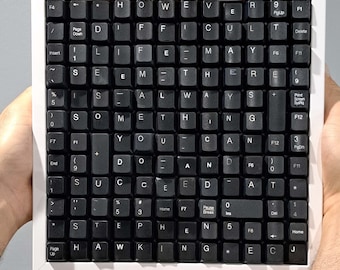 May include: A square art piece made from black keyboard keys arranged in a grid, spelling out a quote by Stephen Hawking. The keys are set in a white frame. The quote reads: "However difficult life may seem, there is always something you can do and succeed at."