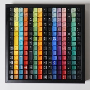 Puede incluir: Un teclado colorido con teclas dispuestas en un patrón de arcoíris. Cada tecla tiene un color diferente y una letra o símbolo diferente. El teclado está enmarcado en negro.