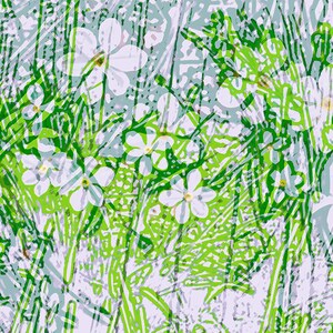 May include: Abstract floral pattern with white flowers and green leaves on a light blue background.