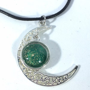 Crescent moon pendant, handpainted cabochon, silver necklace, moon necklace