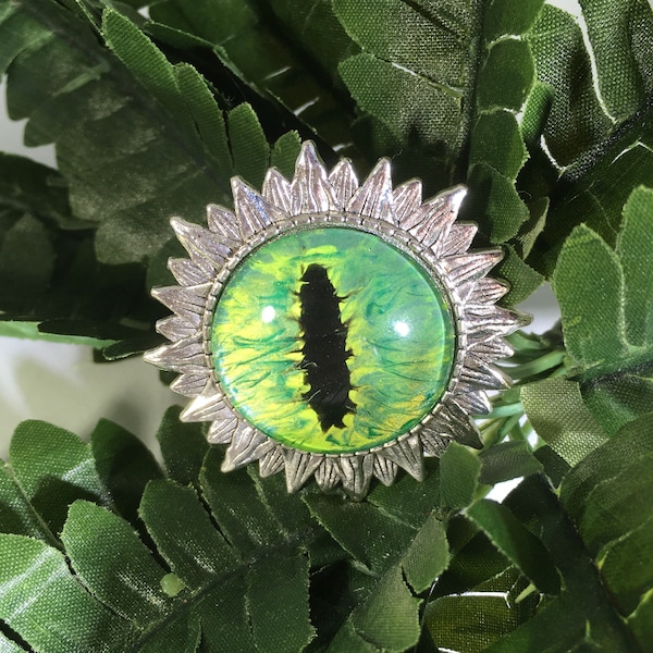 Handpainted Dragon Eye Brooch Pin, silver brooch, green eye, painted dragon eyes, eye pin, dragon brooch