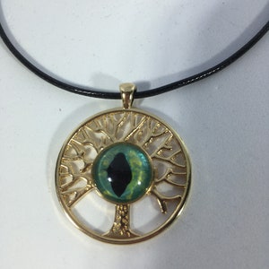 Gold tree of life necklace, gifts for her, green dragon eye, tree of life necklace, boho chic jewelry, Handpainted jewelry