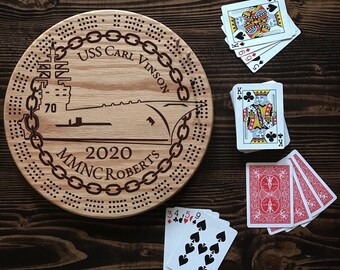 Custom round hardwood cribbage board