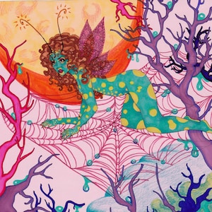 May include: A green and yellow spotted fairy with brown hair and wings crawls on a pink spider web with blue beads. The fairy is in front of a large orange sun with yellow rays. The background is a pink and blue landscape with branches.