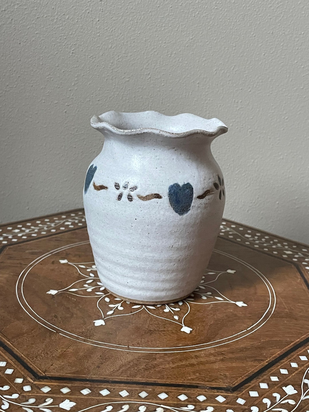 Vintage Hand Painted Studio Pottery Vase Ruffled Edge Blue Heart Signed ...