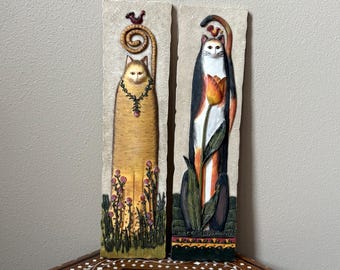 Vintage Pair Of E. Smithson 3D Folk Art Cat Resin Wall Plaques