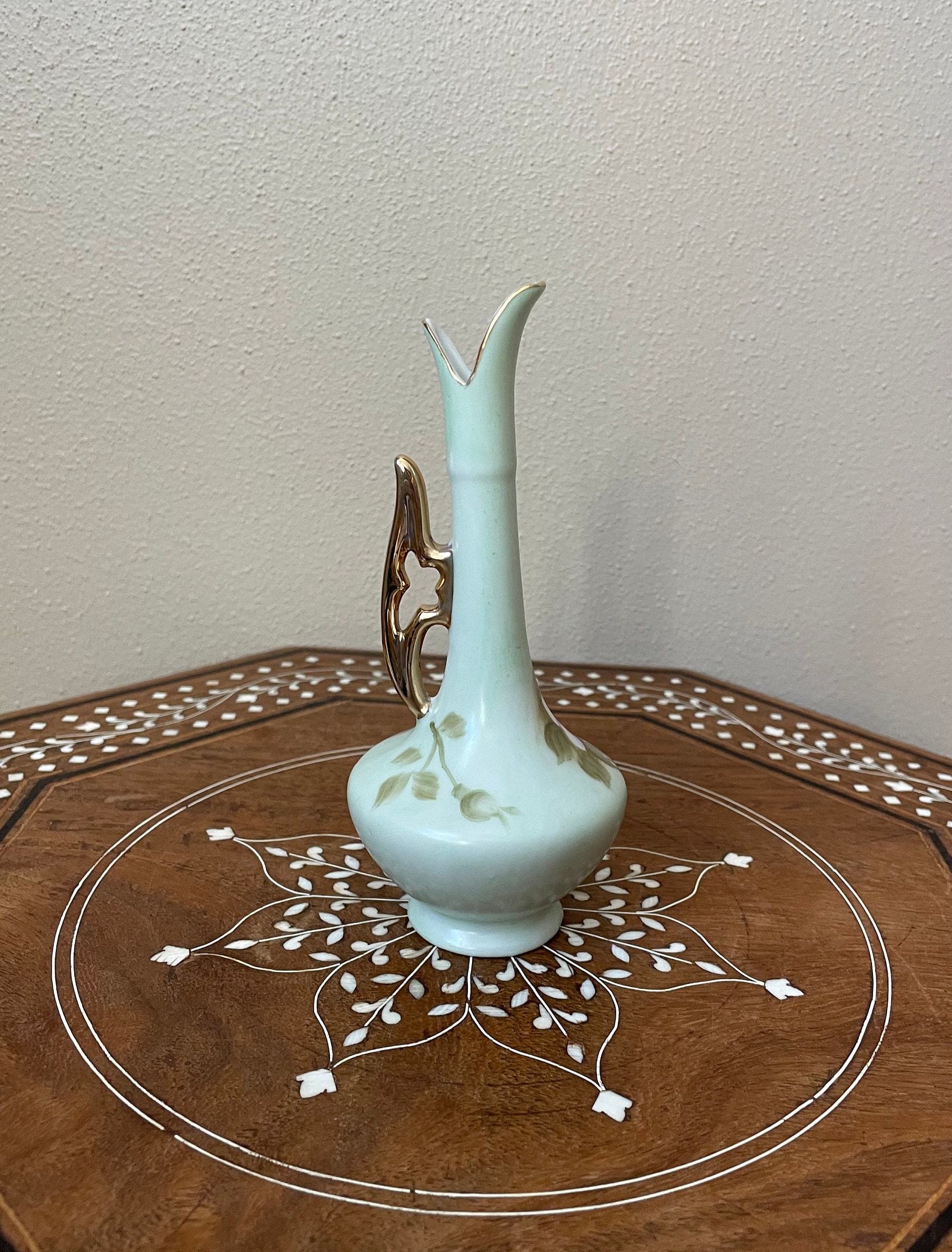 Vintage Lefton Heritage Green Ewer Pitcher Bud Vase Pink Roses - Etsy