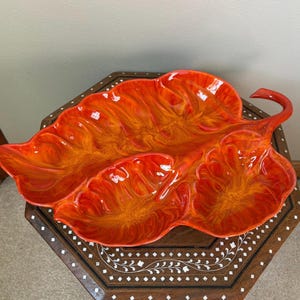 Vintage Cal Style Leaf Serving Dish: Mid Century Orange Red Glaze Pottery