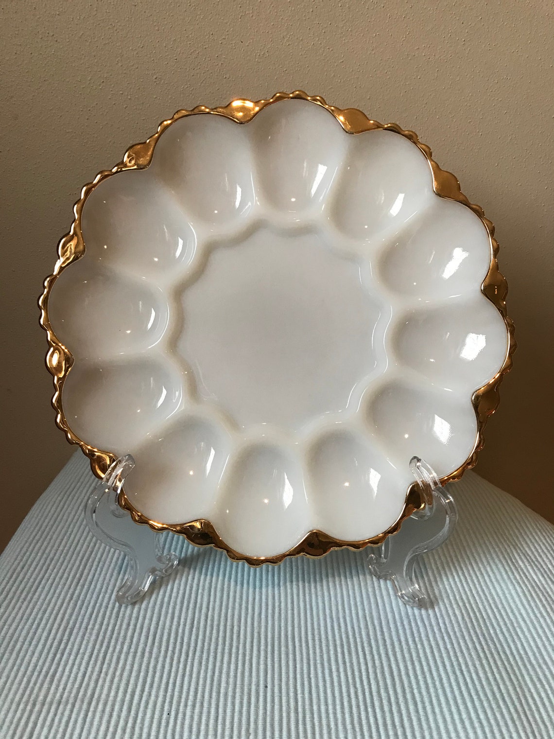Vintage Anchor Hocking Milk Glass Egg Plate Gold Trim Edging Etsy