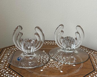 Vintage Pair Of Hersey Crystolite Glass Candlestick Holders