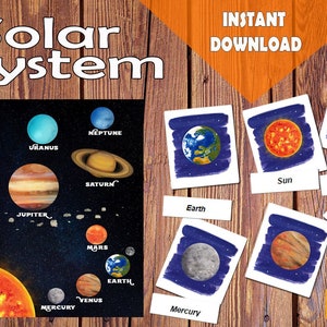 Conjunto de pôsteres e cartões de planetas do sistema solar: ferramentas de aprendizagem de educação cósmica com arte em aquarela para impressão, materiais Montessori