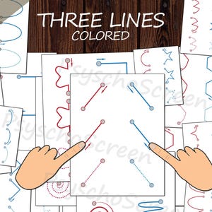 May include: A collection of white paper sheets with red and blue line drawings, arrows, and shapes. The text "INSTANT DOWNLOAD" and "THREE LINES COLORED" are visible. The phrase "Brain gym - Bilateral activities" is also present.