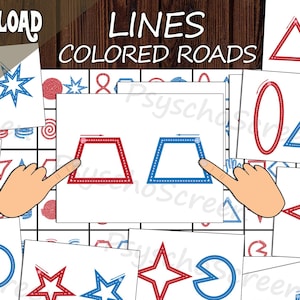 May include: A set of white cards displaying red and blue geometric shapes, such as triangles, squares, and stars. The cards feature the text "LINES COLORED ROADS" and "Brain gym - Bilateral activities". The words "INSTANT DOWNLOAD" are also visible.