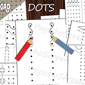 Könnte beinhalten: Eine Sammlung weißer Papierbögen mit Punkt-zu-Punkt-Mustern und den Texten "DOTS" und "Brain gym - Bilateral activities". Rote und blaue Bleistifte liegen auf einigen Blättern. Der Text "INSTANT DOWNLOAD" ist ebenfalls sichtbar.