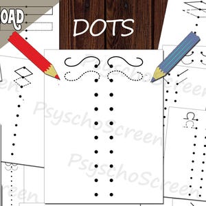 May include: A collection of white printable worksheets with dot-to-dot activities. The worksheets feature various patterns and shapes, including lines, curves, and geometric designs. Text includes "Instant Download", "Dots", and "Brain gym - Bilateral activities".