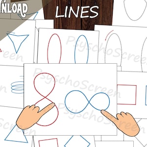 May include: A collection of white papers with red and blue line drawings of shapes, hands, and infinity symbols. The words "INSTANT DOWNLOAD" and "LINES" are at the top. The phrase "Brain gym - Bilateral activities" is at the bottom.