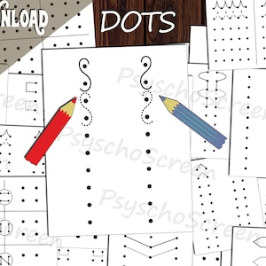 May include: A collection of white paper sheets with dot-to-dot activities, including shapes, lines, and patterns. The image includes the text "INSTANT DOWNLOAD" and "DOTS". Colored pencils are placed on the sheets. The text "Brain gym - Bilateral activities" is also visible.