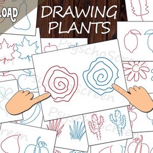 May include: A collection of white cards featuring red and blue line drawings of plants, fruits, and vegetables. The words "INSTANT DOWNLOAD" and "DRAWING PLANTS" are visible. The text "Brain gym - Bilateral activities" is also present.