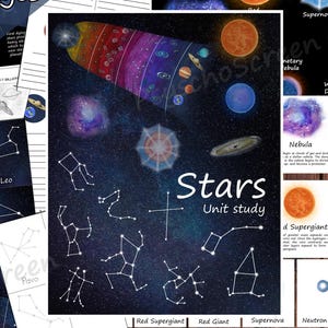 May include: A collection of educational printables about space, featuring the Big Bang, star life cycles, and constellations. The title "Stars Unit Study" is displayed prominently. The download includes 37 pages in PDF format.