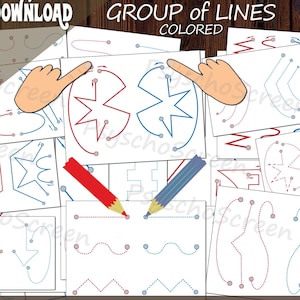 May include: A collection of white worksheets with red and blue line drawings, designed for brain gym activities. The worksheets feature various shapes and patterns, with the text "GROUP of LINES COLORED" and "Brain gym - Bilateral activities". Two colored pencils are also visible.