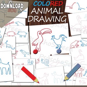 Op de afbeelding: Een verzameling witte kaarten met rode en blauwe lijntekeningen van dieren, waaronder honden, vogels en olifanten. De woorden "COLORED ANIMAL DRAWING" en "INSTANT DOWNLOAD" zijn zichtbaar. De zin "Brain gym - Bilateral activities" is ook aanwezig.