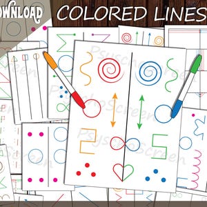 May include: A collection of printable activity sheets featuring various colored lines, geometric shapes, spirals, and patterns for bilateral coordination exercises. Two markers, one with an orange and red tip and one with a green and blue tip, are placed on top.