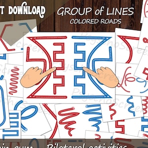 May include: A collection of white cards with red and blue line drawings, labeled "GROUP of LINES COLORED ROADS." The cards feature various shapes and patterns, including zigzags, curves, and arrows. The text "Brain gym - Bilateral activities" is also present.