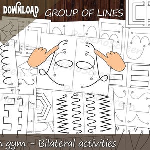 以下が含まれることがあります： 白地に黒い線画が描かれた、印刷可能なワークシートのコレクション。ワークシートには、さまざまな線パターン、形状、デザインが使用されています。「INSTANT DOWNLOAD GROUP OF LINES」と「Brain gym - Bilateral activities」の文字が見えます。