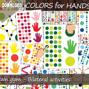 Può includere: Una collezione di fogli stampabili colorati con contorni di mani, punti e forme geometriche. I fogli presentano vari colori come rosso, giallo, verde e blu. Il testo include "INSTANT DOWNLOAD COLORS for HANDS" e "Brain gym - Bilateral activities".