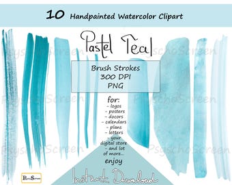 Watercolor Pastel Teal Brush Strokes Clipart: commercial use (Digital Download)