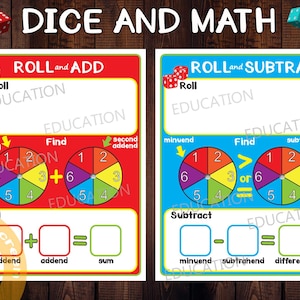 May include: Two colorful printable worksheets for kids to practice addition and subtraction using dice. The worksheets feature a red and blue background with dice and a spinner to help kids learn math.