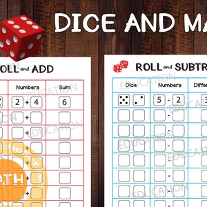 May include: A printable worksheet for kids to practice math skills using dice. The worksheet has two sections: "Roll and Add" and "Roll and Subtract". Each section has a grid with columns for dice, numbers, and the sum or difference. The worksheet is designed to be used with dice.