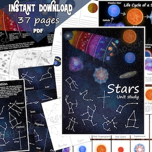 Unité d'étude STARS : théorie du big bang imprimable, cycle de vie d'une étoile, constellations, affiches, modèle 2D, feuilles de travail et cartes mémoire