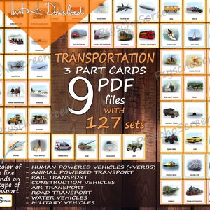 VEHICLE BUNDLE of Montessori 3-Part Cards: Road, Rail, Construction, Military, Animal, Human, Water, Air Transport, 127 sets in 9 PDF