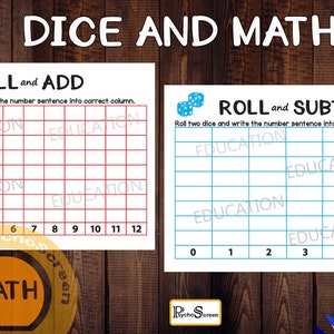 May include: Two printable worksheets for kids to practice math skills. The first worksheet is titled "Roll and Add" and has a grid with numbers 2 through 12. The second worksheet is titled "Roll and Subtract" and has a grid with numbers 0 through 5. Both worksheets feature dice.