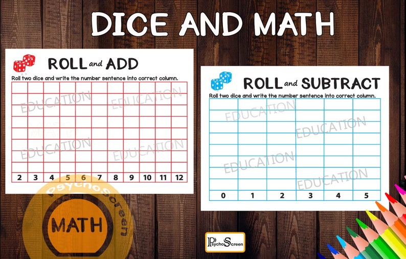 May include: Two printable worksheets for kids to practice math skills. The first worksheet is titled "Roll and Add" and has a grid with numbers 2 through 12. The second worksheet is titled "Roll and Subtract" and has a grid with numbers 0 through 5. Both worksheets feature dice.