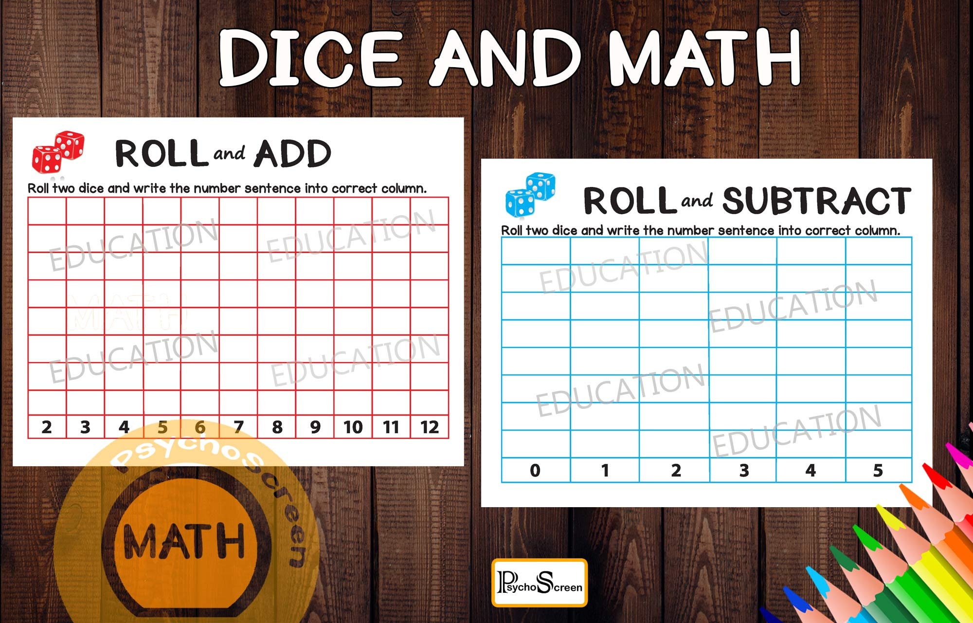 Math game with dice Roll and Add Roll and Subtract Etsy