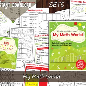 May include: A collection of educational math worksheets and activity pages titled My Math World, featuring various diagrams, number sets, classification exercises, and Venn diagrams printed on white paper with green and red accent colors throughout.