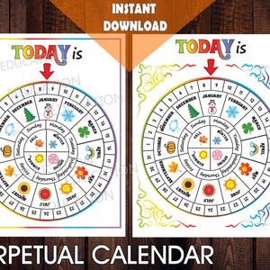 Eeuwigdurende kinderkalender: wielen met kaarten met dagen, maanden, weken en seizoenen voor prikbord, peuterkalender, op montessori geïnspireerd