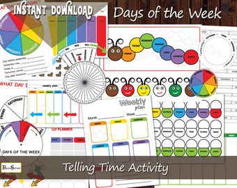 May include: A collection of educational printable activity sheets for learning days of the week and time. Features include colorful circular charts, a caterpillar graphic with days labeled, weekly planners, and a clock face diagram with text.