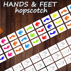 Puede incluir: Un conjunto de tarjetas de huellas de manos y pies de colores para un juego de hopscotch. Las tarjetas están impresas en papel blanco y presentan una variedad de colores, incluyendo rojo, azul, verde, amarillo y naranja. El texto "HANDS & FEET hopscotch" está impreso en la parte superior de la imagen.