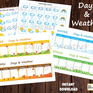 Könnte beinhalten: Druckbare Planerseiten zum Verfolgen von Tagen und Wetter. Die Seiten sind in Abschnitte für jede Jahreszeit unterteilt: Sommer, Herbst, Winter und Frühling. Jeder Abschnitt enthält ein Kalenderrraster mit den Wochentagen und Platz zum Aufzeichnen des Wetters. Die Seiten sind mit bunten Illustrationen von Wettersymbolen wie Sonne, Wolken, Regen und Schnee verziert.