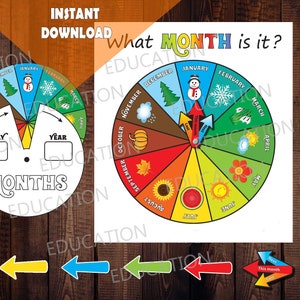 MAANDEN van het jaar: afdrukbaar wiel, cirkel, spinner, cirkeldiagram, montessorimateriaal voor kleuters