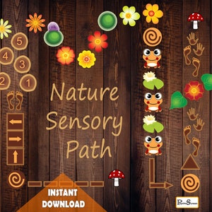 May include: A printable nature sensory path with images of flowers, mushrooms, frogs, footprints, arrows, and numbers. The text "Nature Sensory Path" and "Instant Download" is included.