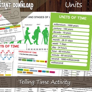 Puede incluir: Hojas educativas imprimibles para una actividad de aprendizaje del tiempo con una tabla verde titulada UNITS OF TIME que enumera conversiones de milenio a milisegundo, junto con líneas de tiempo, etapas de la vida y ejercicios matemáticos.