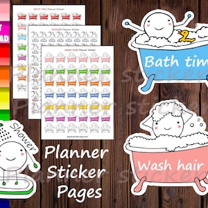 May include: Printable planner sticker pages with illustrations of a person taking a bath, washing their hair, and showering. The stickers feature the text "Bath time", "Wash hair", and "Shower".