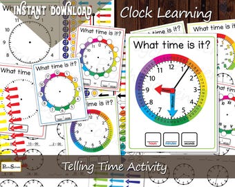 May include: A collection of educational clock learning activity sheets featuring the text What time is it? and Telling Time Activity. The sheets display colorful circular clock faces with hour and minute markers, red and blue hands, and blank boxes for writing hours, minutes, and seconds.